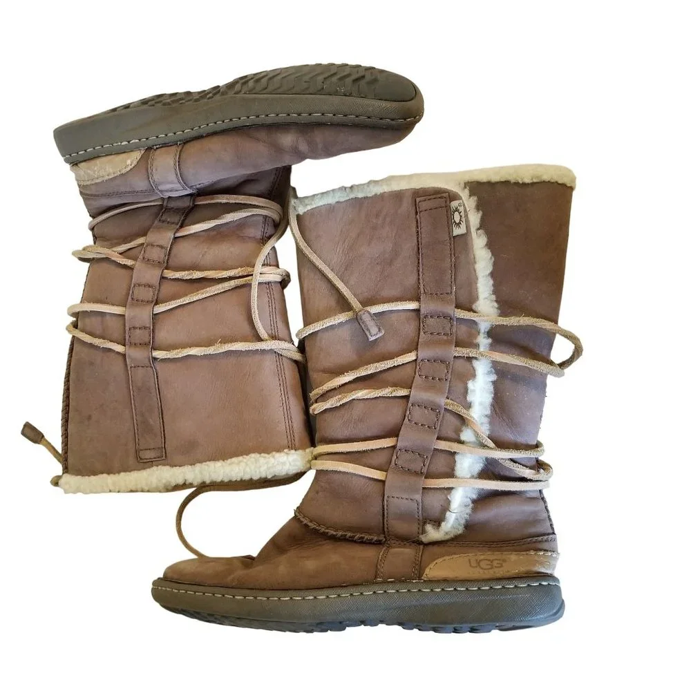 Ugg 9 Tall Boots 1634 CATALINA Brown‎ Leather Sheepskin Lace Up Wrap Around